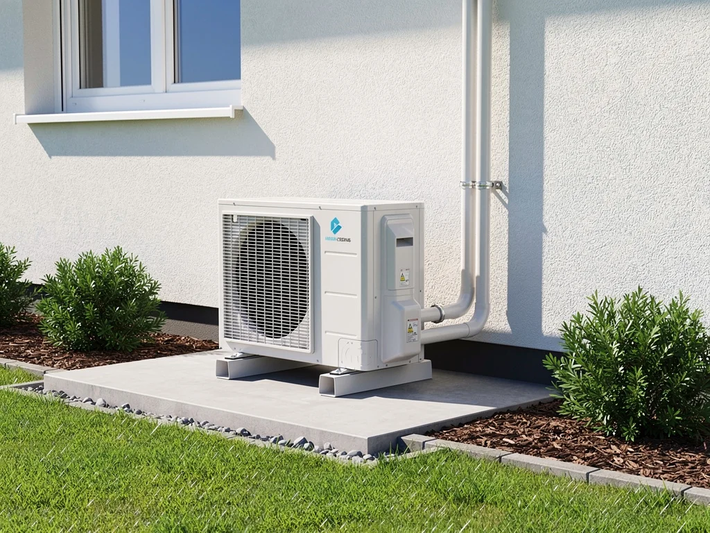 Unité extérieure d'une pompe à chaleur air-eau posée sur socle contre le mur d'une maison