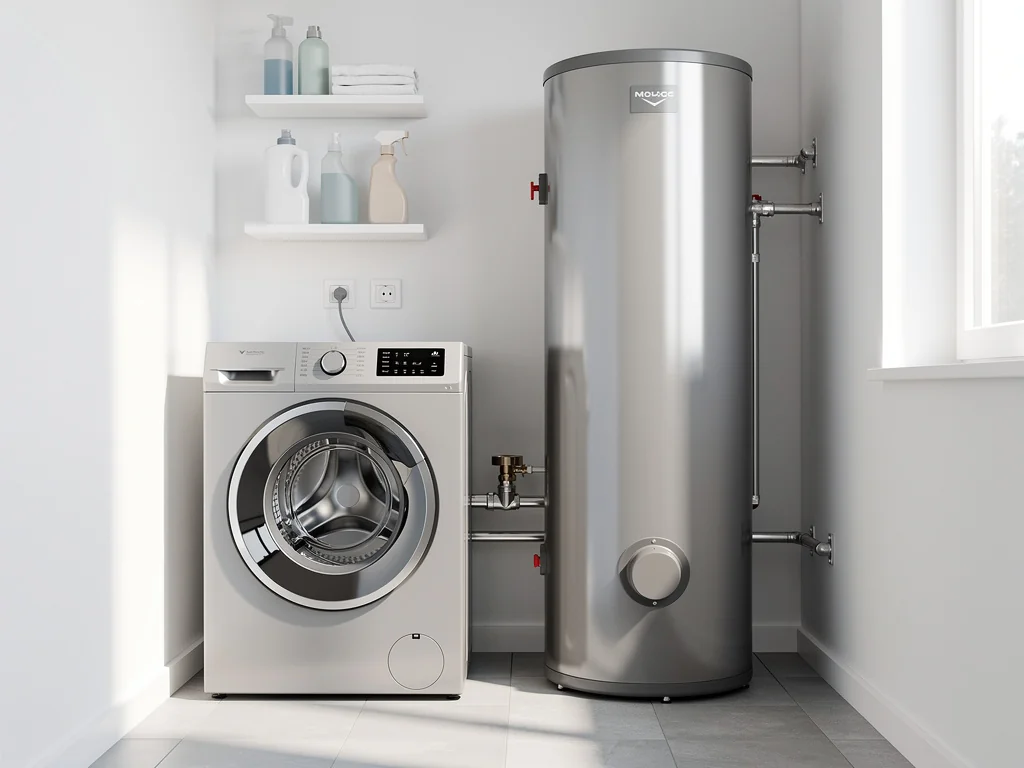 Chauffe-eau thermodynamique installé dans une buanderie, à côté du lave-linge