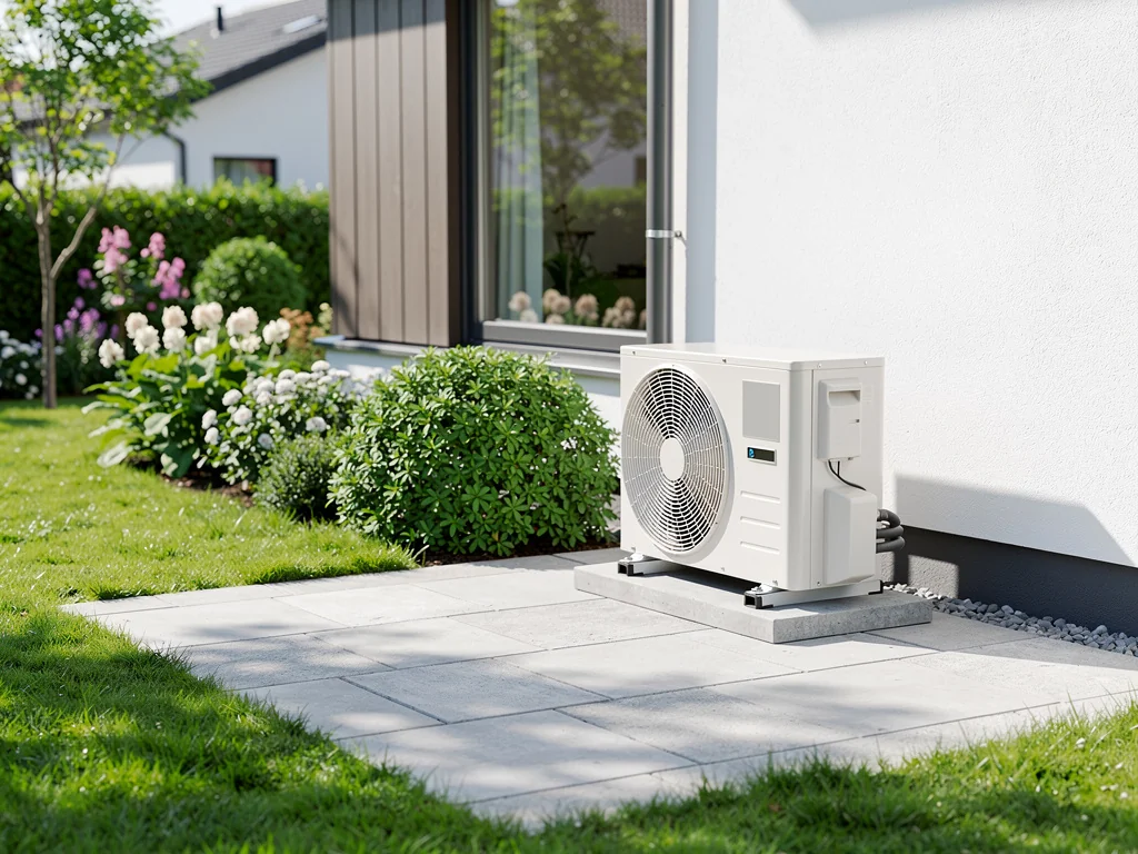 Pompe à chaleur air-eau posée sur une terrasse au fond d'un jardin